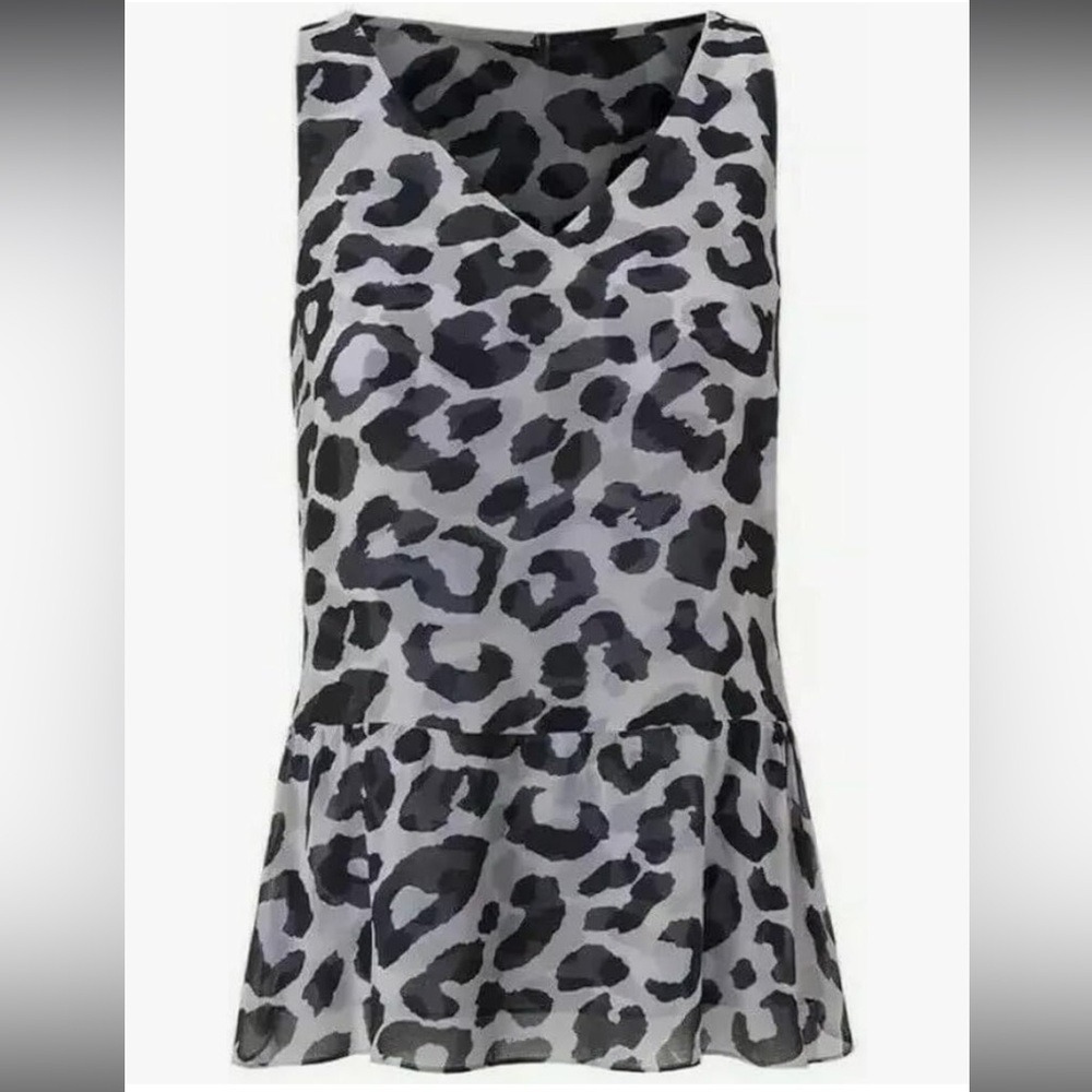 Cabi Leopard‎ Print Peplum Tank Top Grey Black V-Neck Sleeveless Blouse Size S